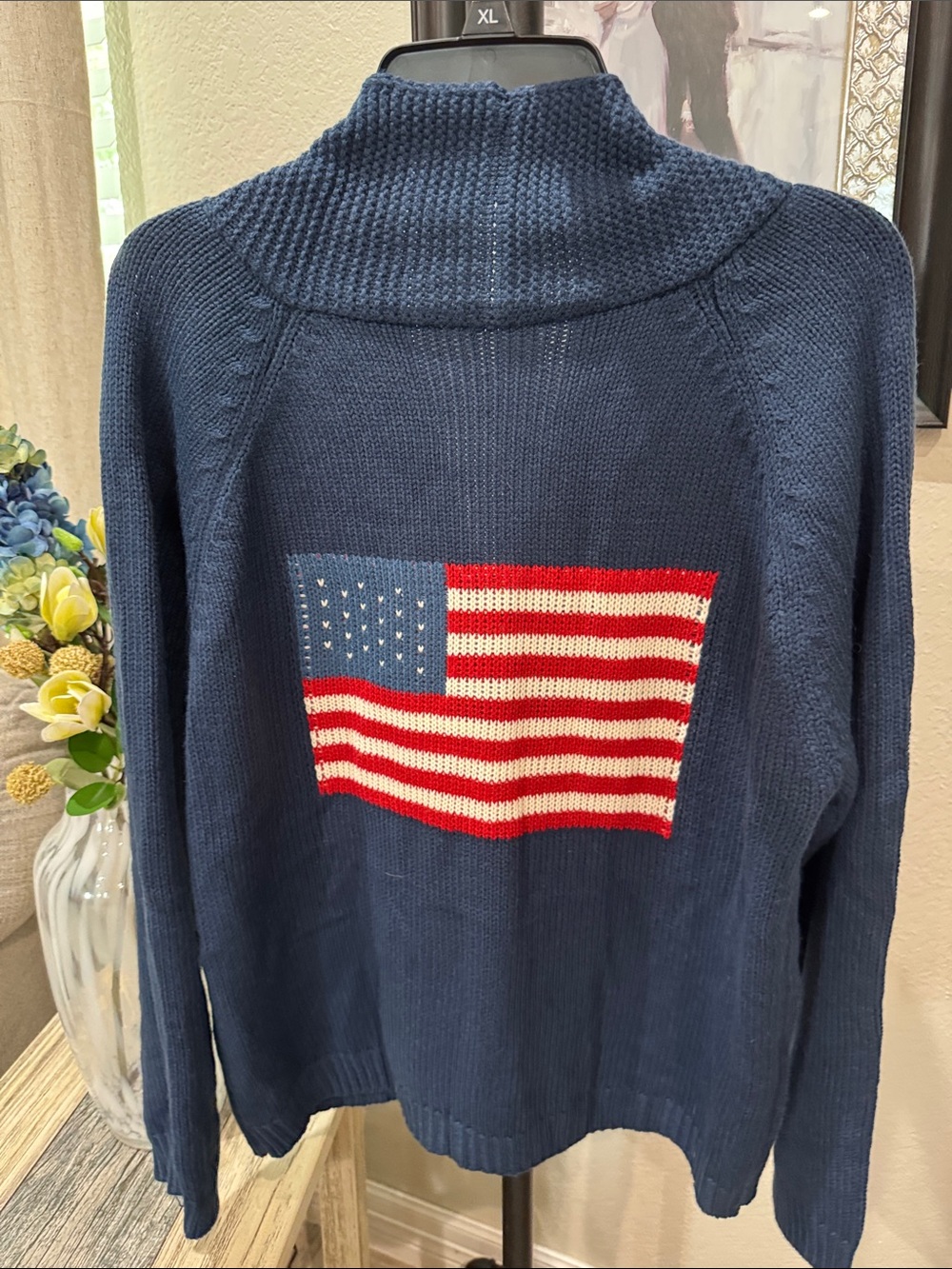 Women's Navy Sweater with American Flag Intarsia